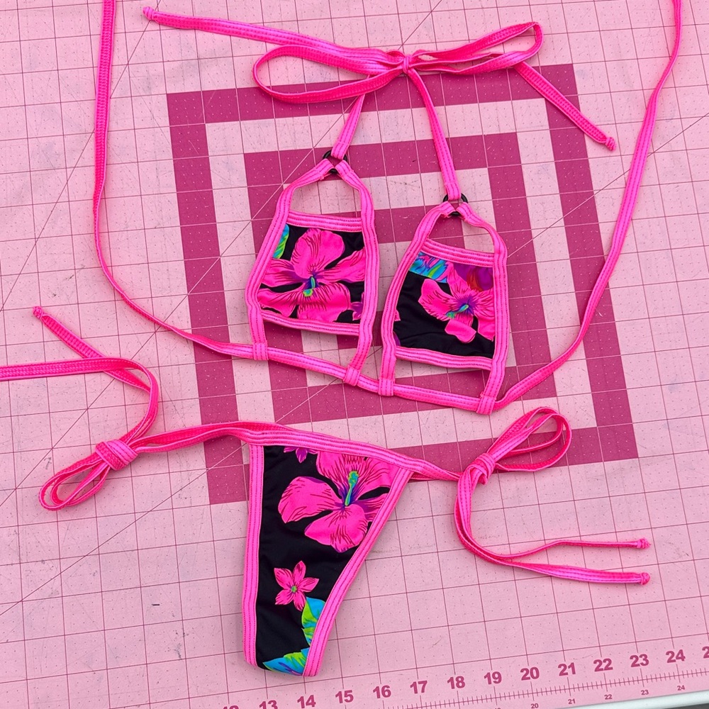 Demon Bikini Handmade Swim Hot Pink Floral String Bikini Set Small Tropical